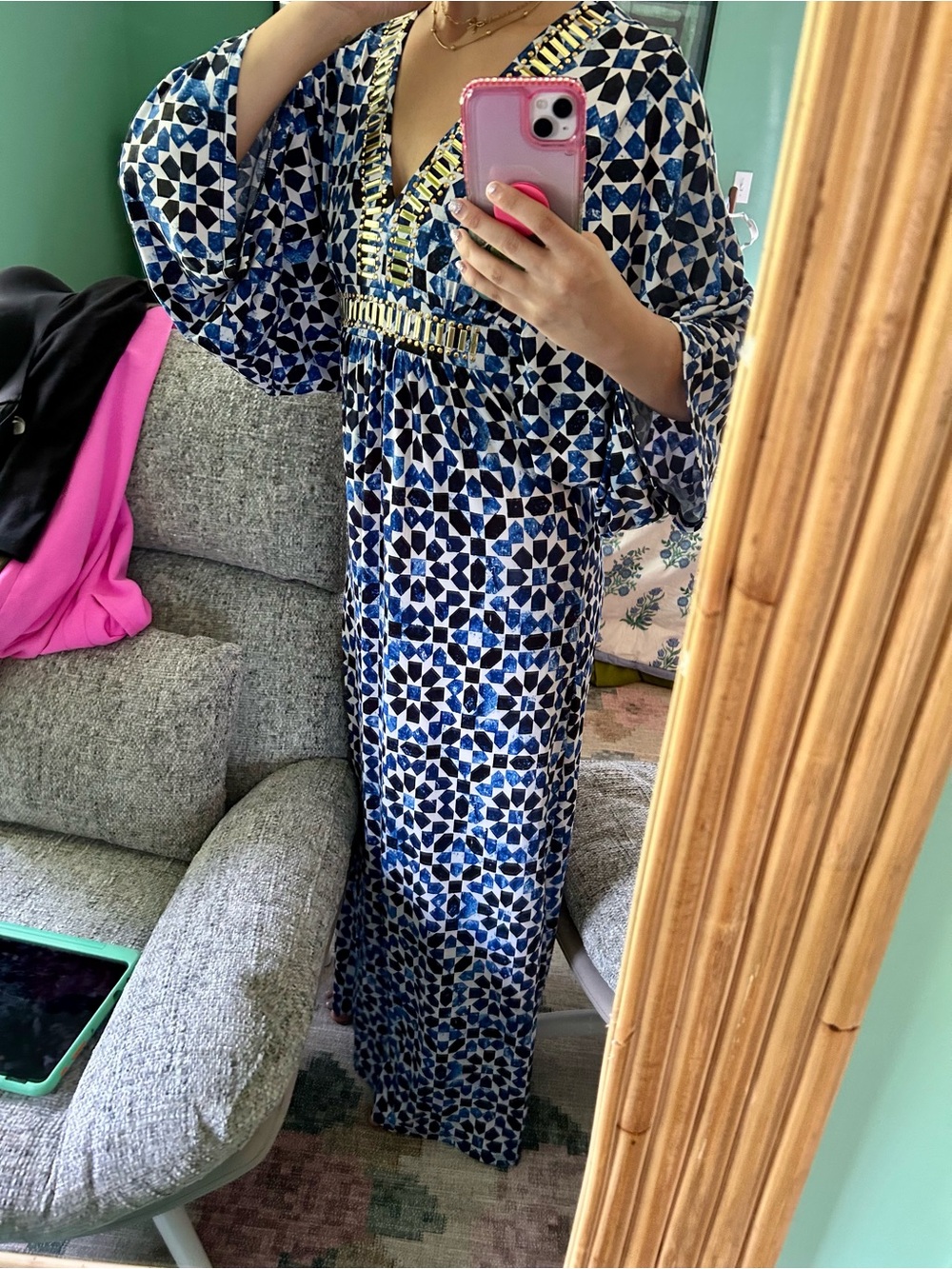 Michael Kors Blue Mosaic Print V-Neck Maxi Dress